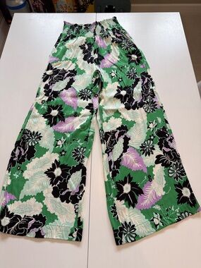 Anthropologie Green Floral Wide-Leg Pants with Black & Lavender Accents